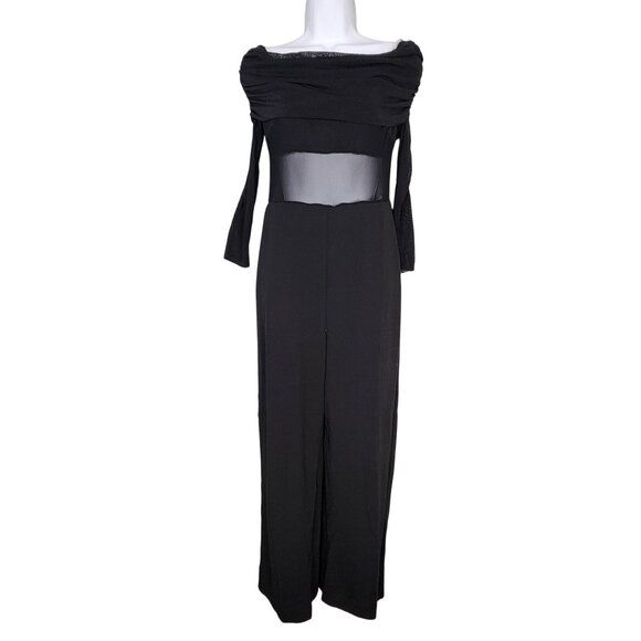 Lulus Sultry Statement Black Mesh Ruched Off-The-Shoulder Jumpsuit Medium - Picture 2 of 8